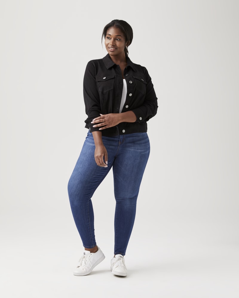 Plus size model with pear body shape wearing Kerry Supersoft Denim Jacket by Molly&Isadora | Dia&Co | dia_product_style_image_id:155612
